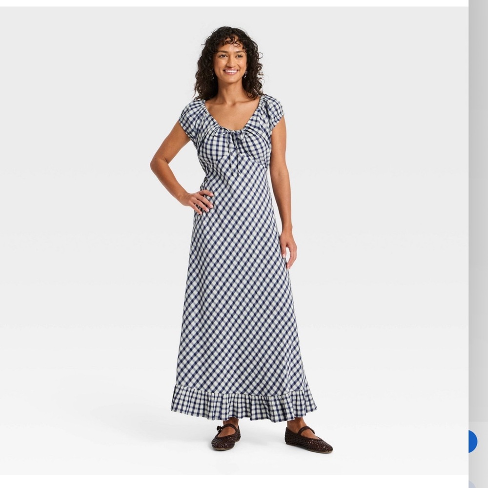 Women’s Puff Short Sleeve Maxi Dress    Navy Blue  Gingham.  XL